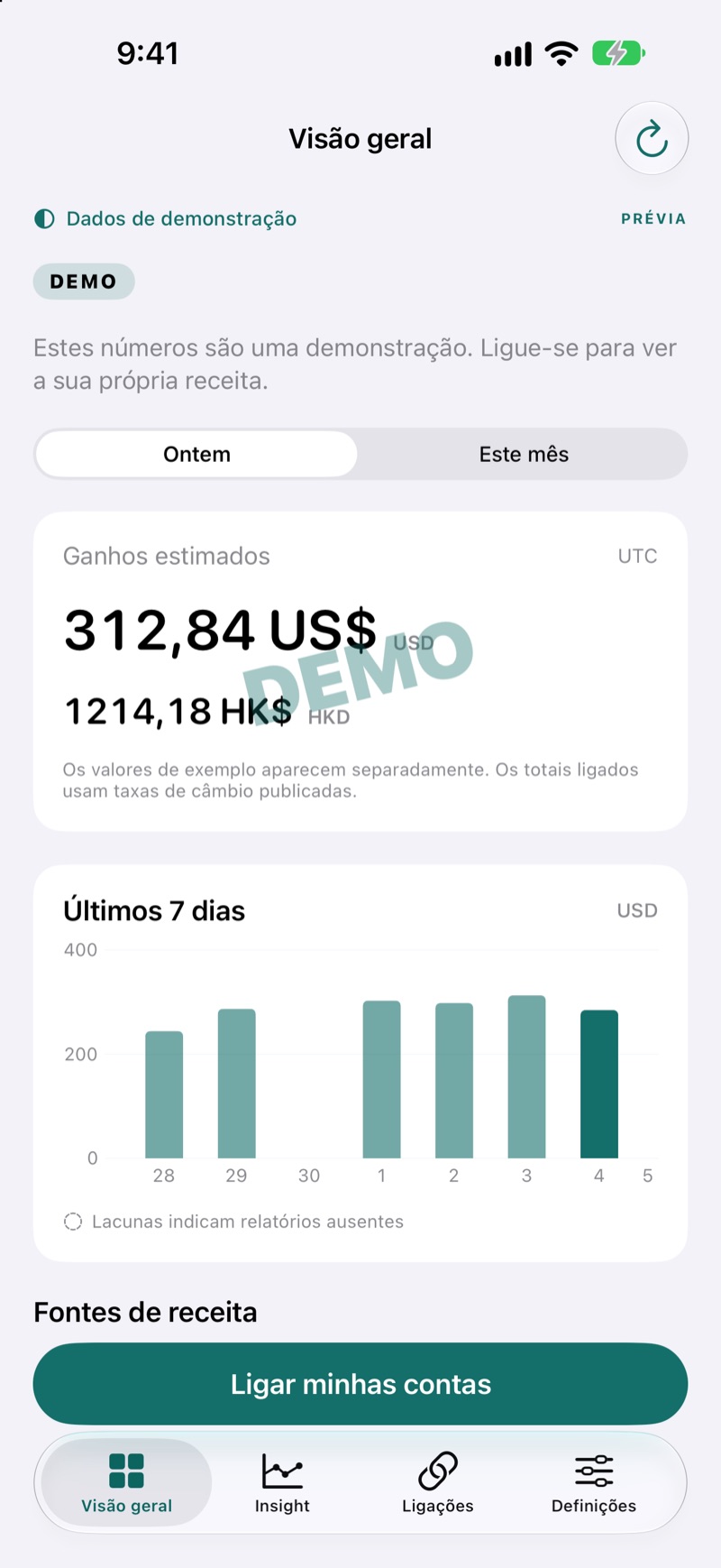 Visão geral da receita do EarnHub mostrando exemplos de ganhos