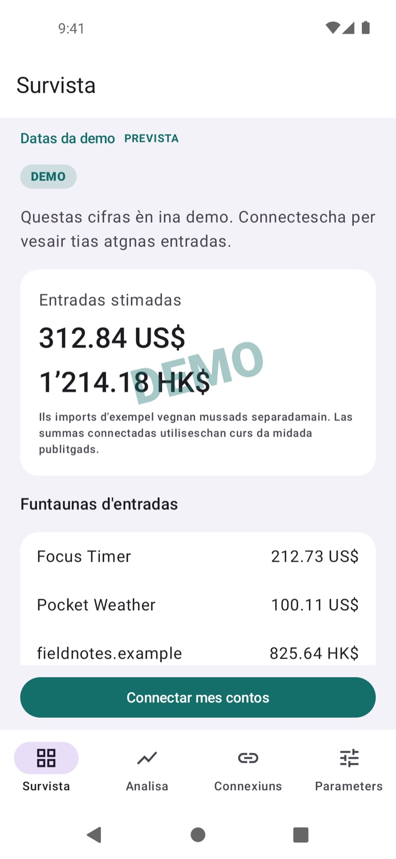 Survista d'entradas dad EarnHub cun cifras d'exempel