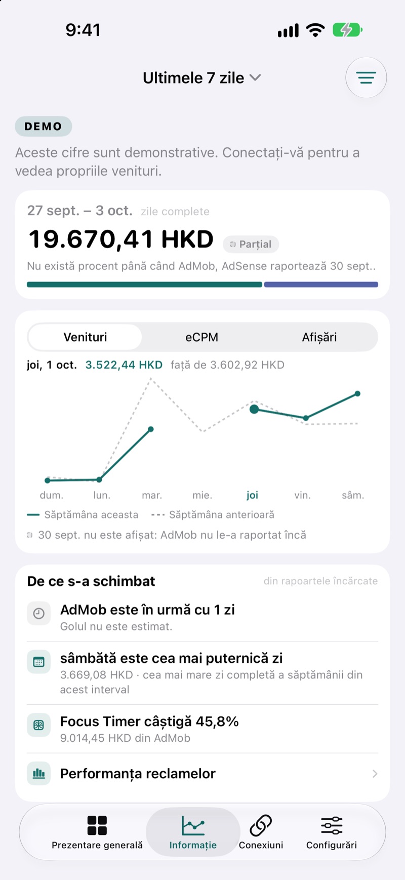 Ecranul de analiză EarnHub: compararea veniturilor din săptămâna curentă cu cele din săptămâna anterioară
