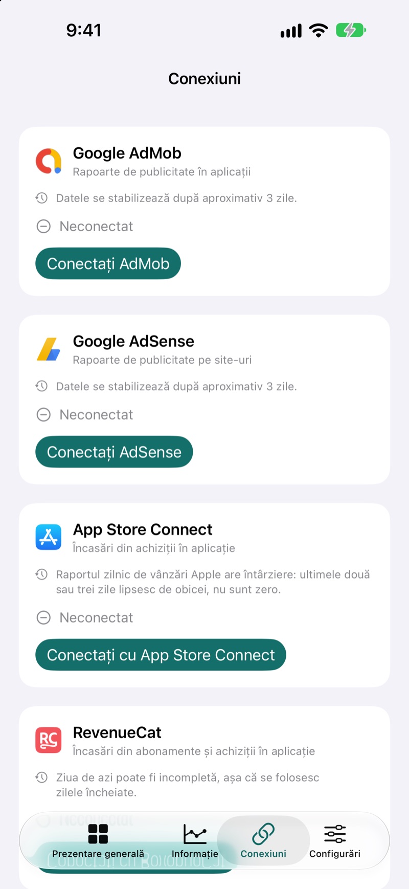 Ecranul de conexiuni EarnHub care afișează sursele de venit disponibile