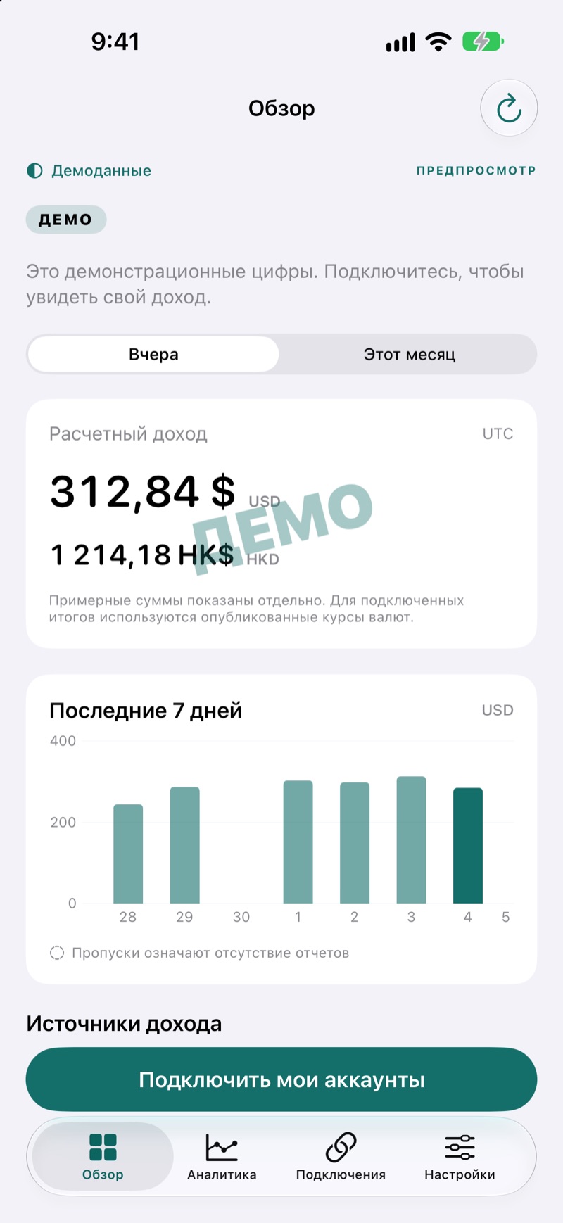 Обзор доходов в EarnHub (пример данных)