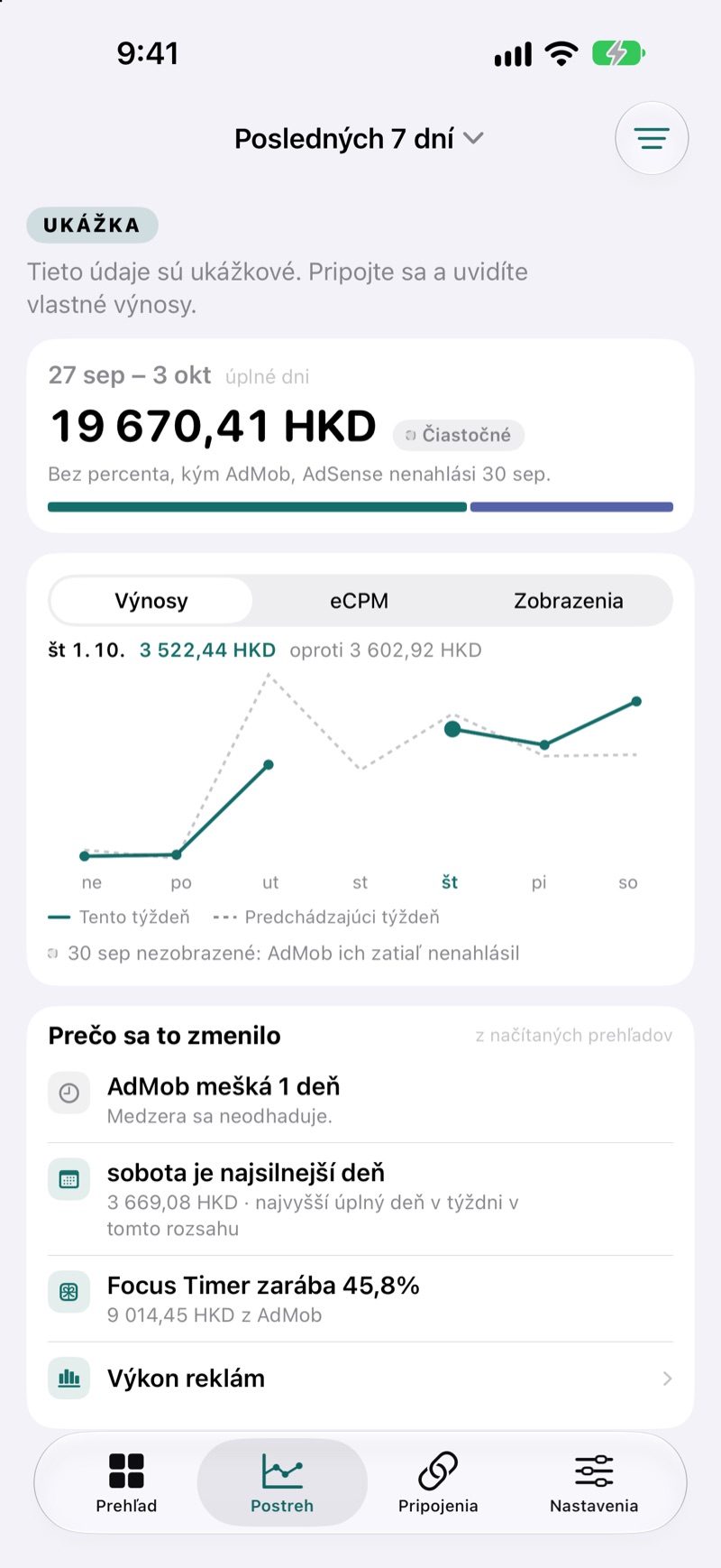 Obrazovka prehľadov v aplikácii EarnHub s porovnaním výnosov za aktuálny a predchádzajúci týždeň