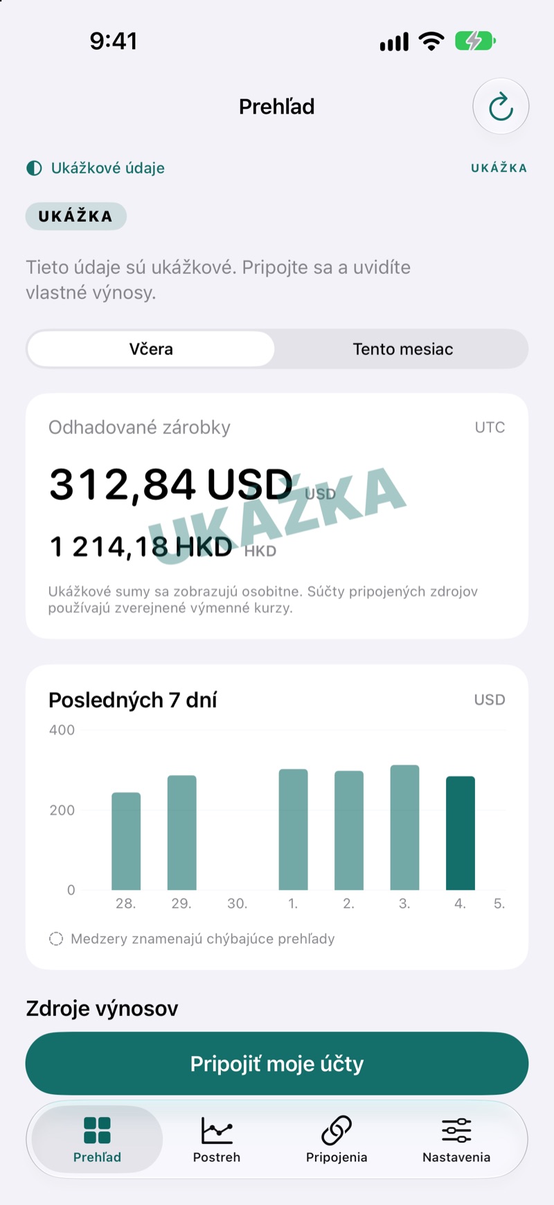 Prehľad príjmov v aplikácii EarnHub s ukážkovými zárobkami