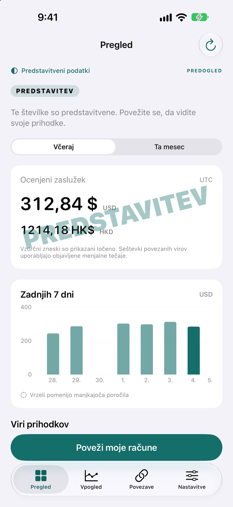 Pregled prihodkov v aplikaciji EarnHub s prikazom vzorčnih zaslužkov