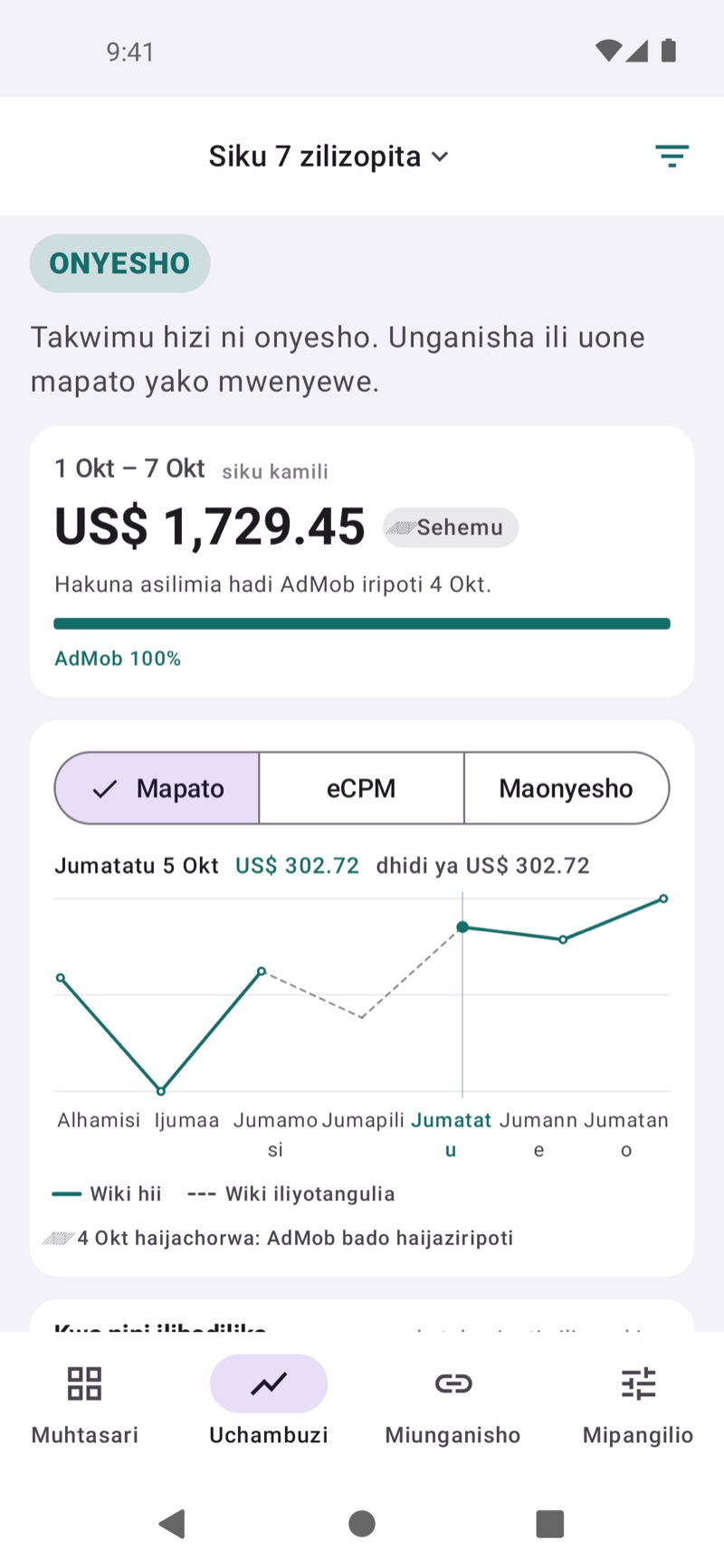 Skrini ya Maarifa ya EarnHub ikilinganisha mapato ya wiki hii na wiki iliyopita