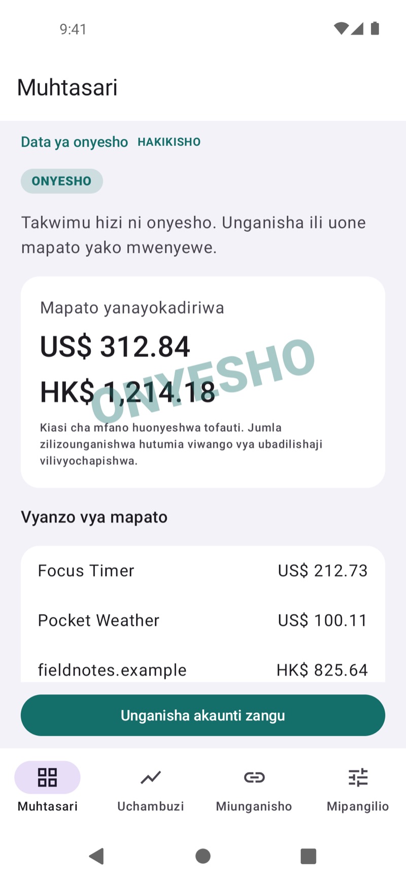 Muhtasari wa mapato ya EarnHub unaoonyesha mfano wa mapato