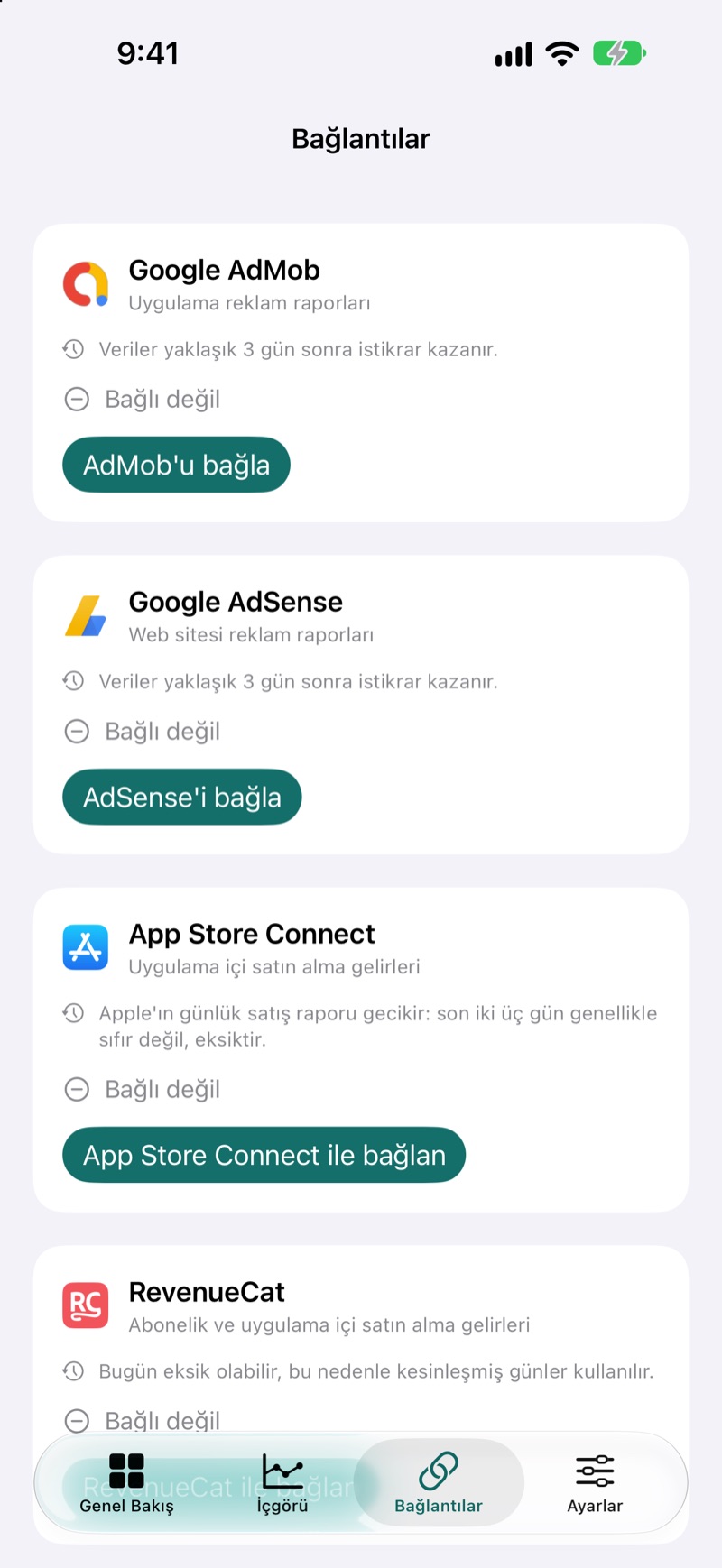 Mevcut gelir kaynaklarını gösteren EarnHub Bağlantılar ekranı