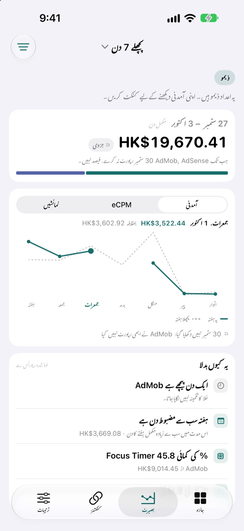 EarnHub کی 'ان سائٹس' اسکرین جو موجودہ ہفتے کی آمدنی کا موازنہ گزشتہ ہفتے سے کرتی ہے