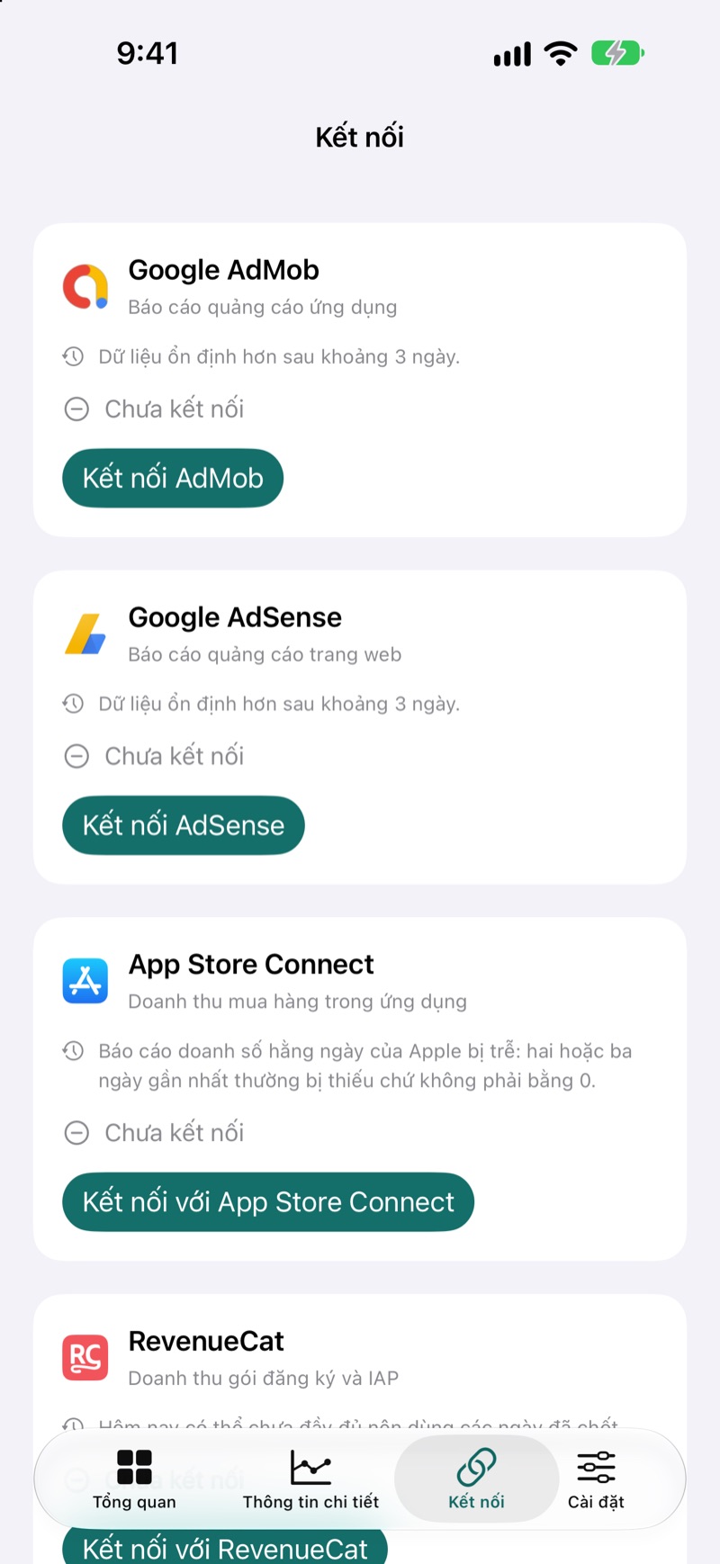 Màn hình Kết nối EarnHub hiển thị các nguồn doanh thu khả dụng