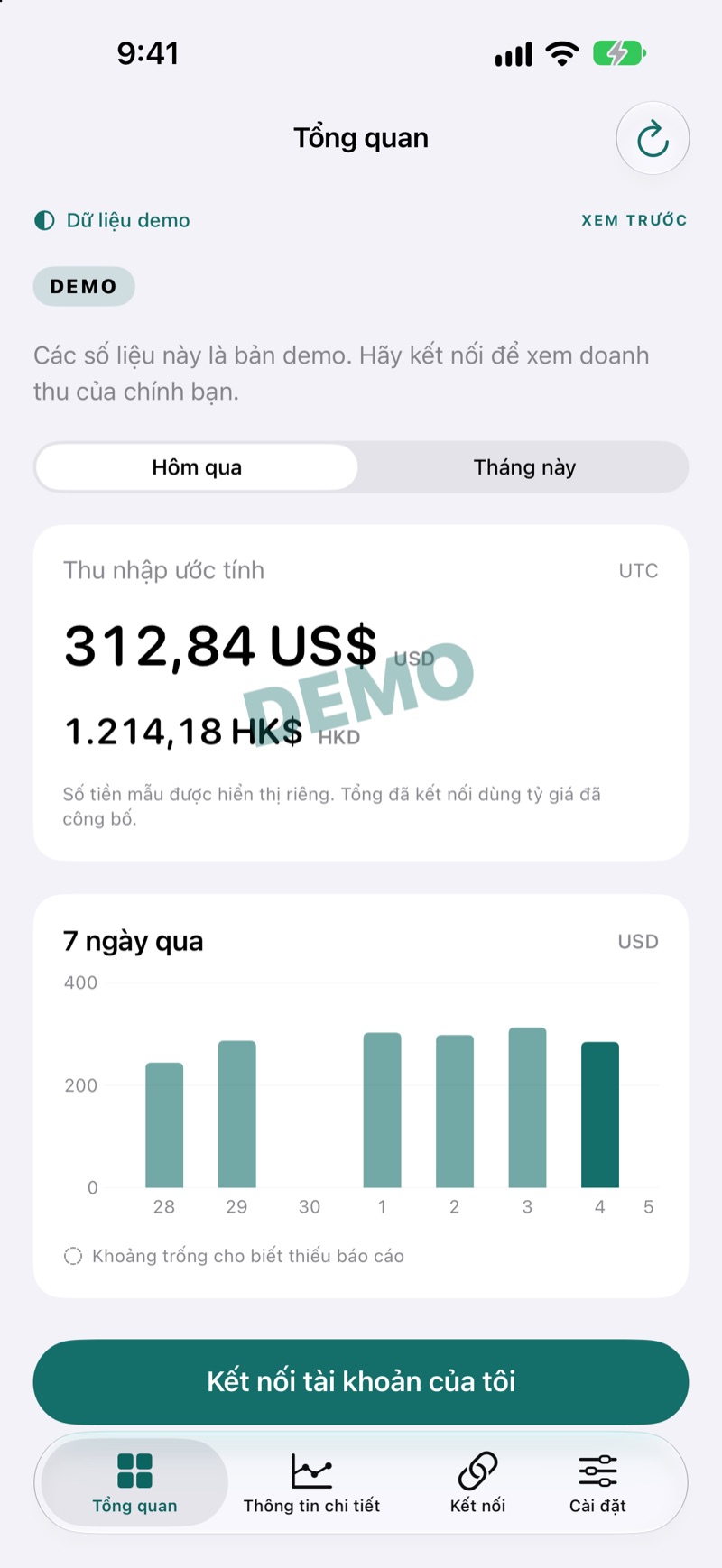 Tổng quan doanh thu EarnHub hiển thị dữ liệu thu nhập mẫu