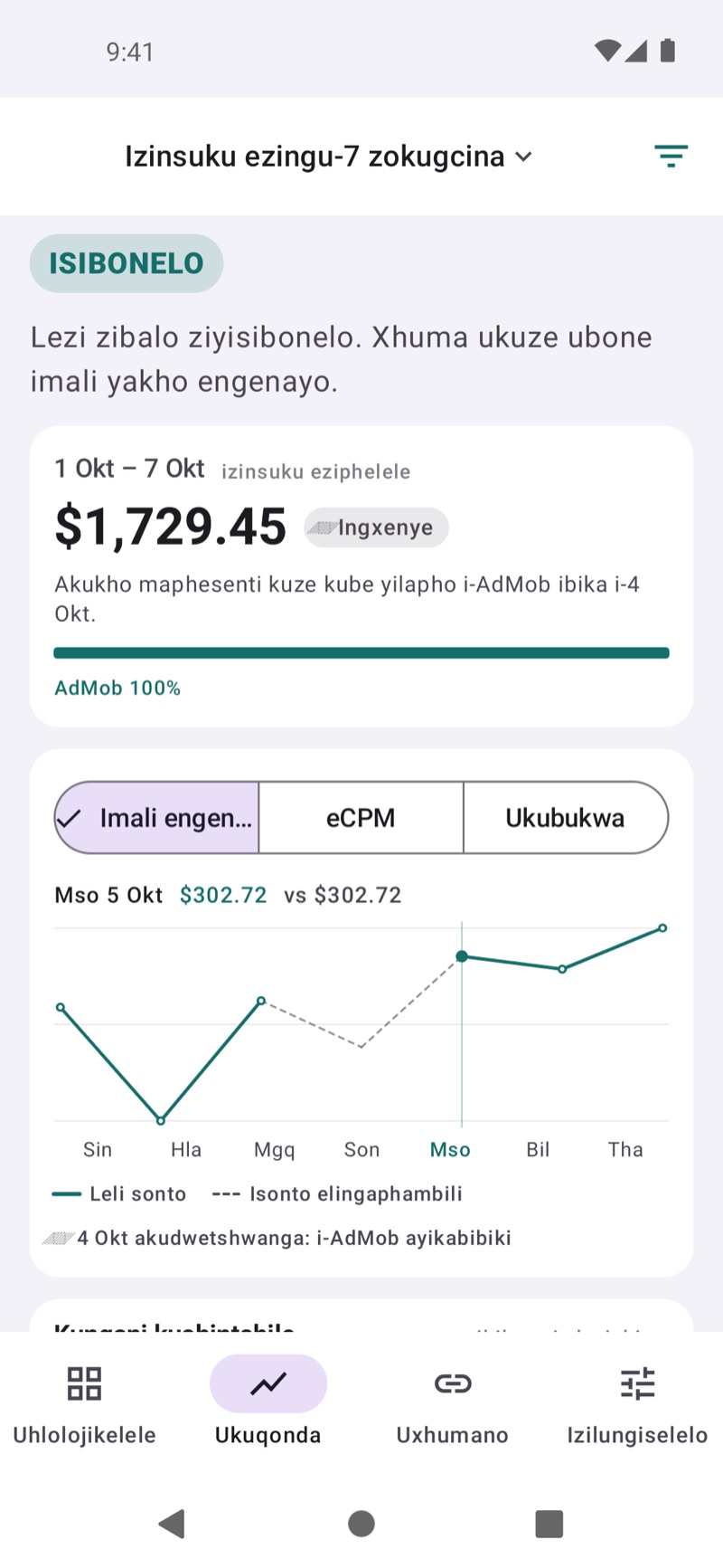 Isikrini semininingwane ye-EarnHub esiqhathanisa imali engenayo yaleli sonto nesonto eledlule